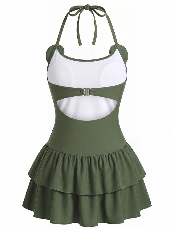Army Green Halter Ruffle One-Piece Swimsuit 3