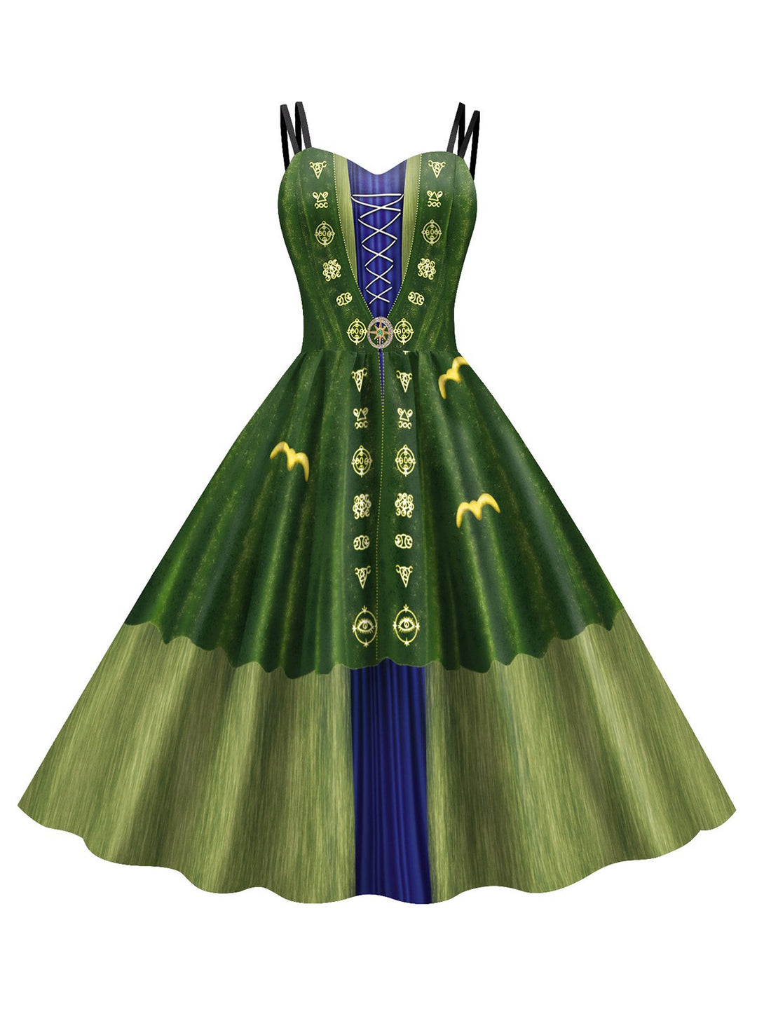 She slips into this Green 1950s Halloween Double Straps Patchwork Dress and suddenly it&