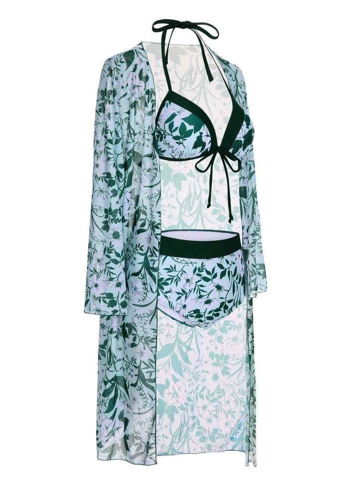 Green 1950s Halter Plants Print Swimsuit &amp; Cover-Up: 1950s Riviera elegance, reimagined for her