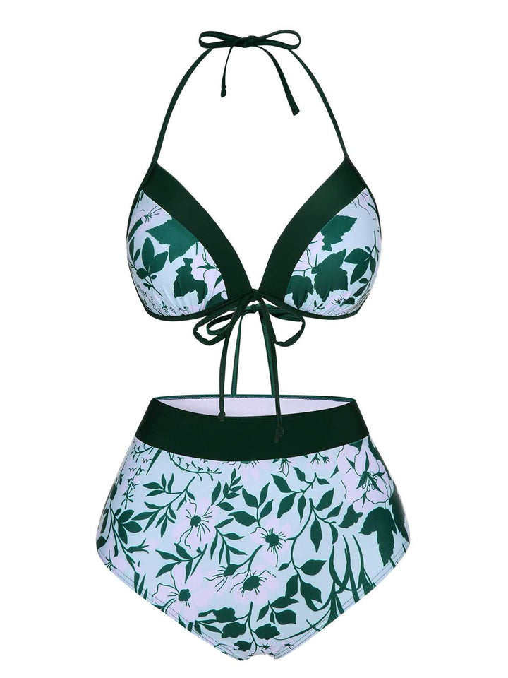 Green 1950s Halter Plants Print Swimsuit &amp; Cover-Up — 1950s poolside glamour meets sun-drenched confidence
