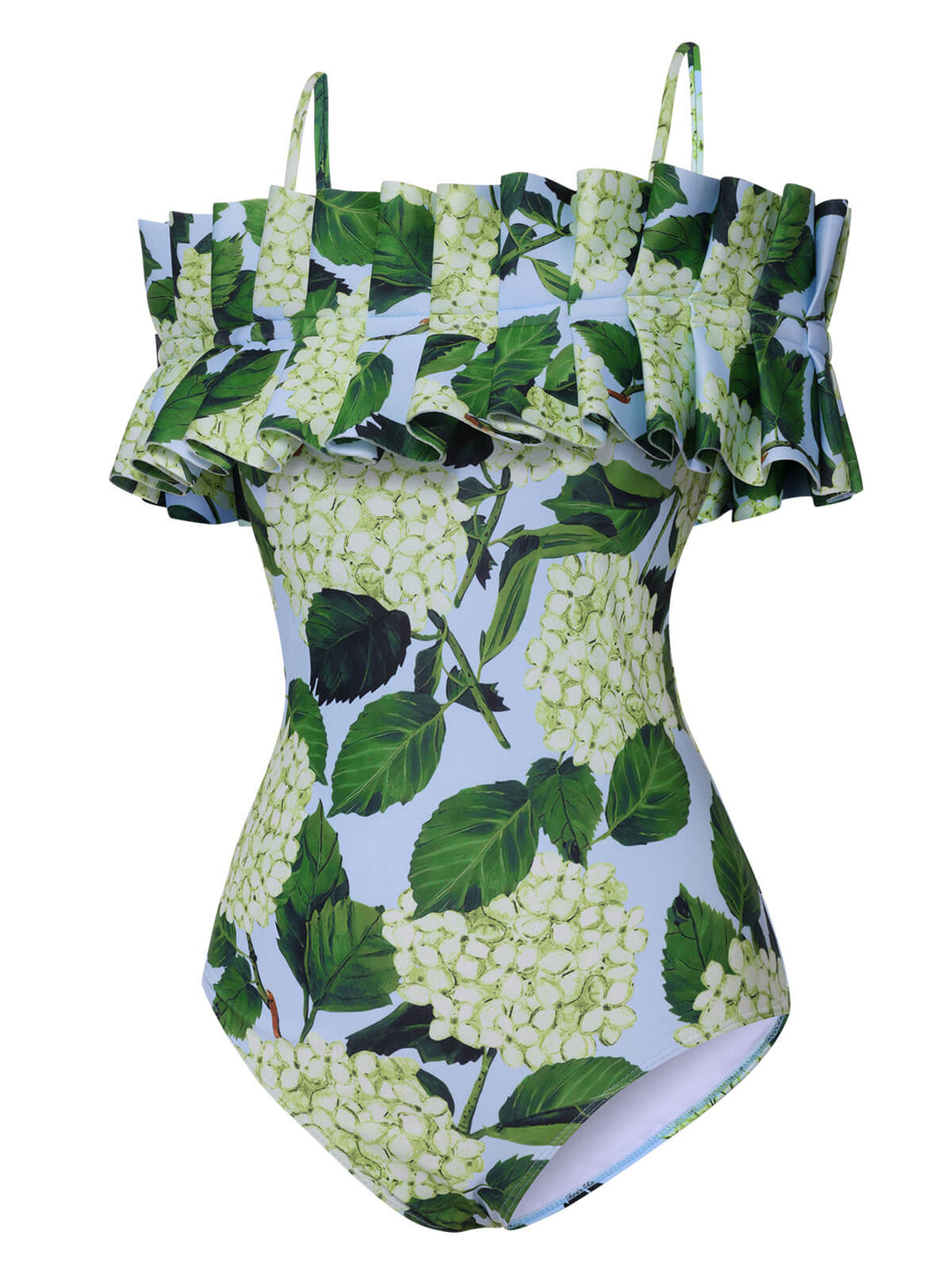 Green 1950s Hydrangea Floral Cold-Shoulder Swimsuit, vintage swimsuit, pin-up swimwear - perfect for women who love vintage and retro fashion