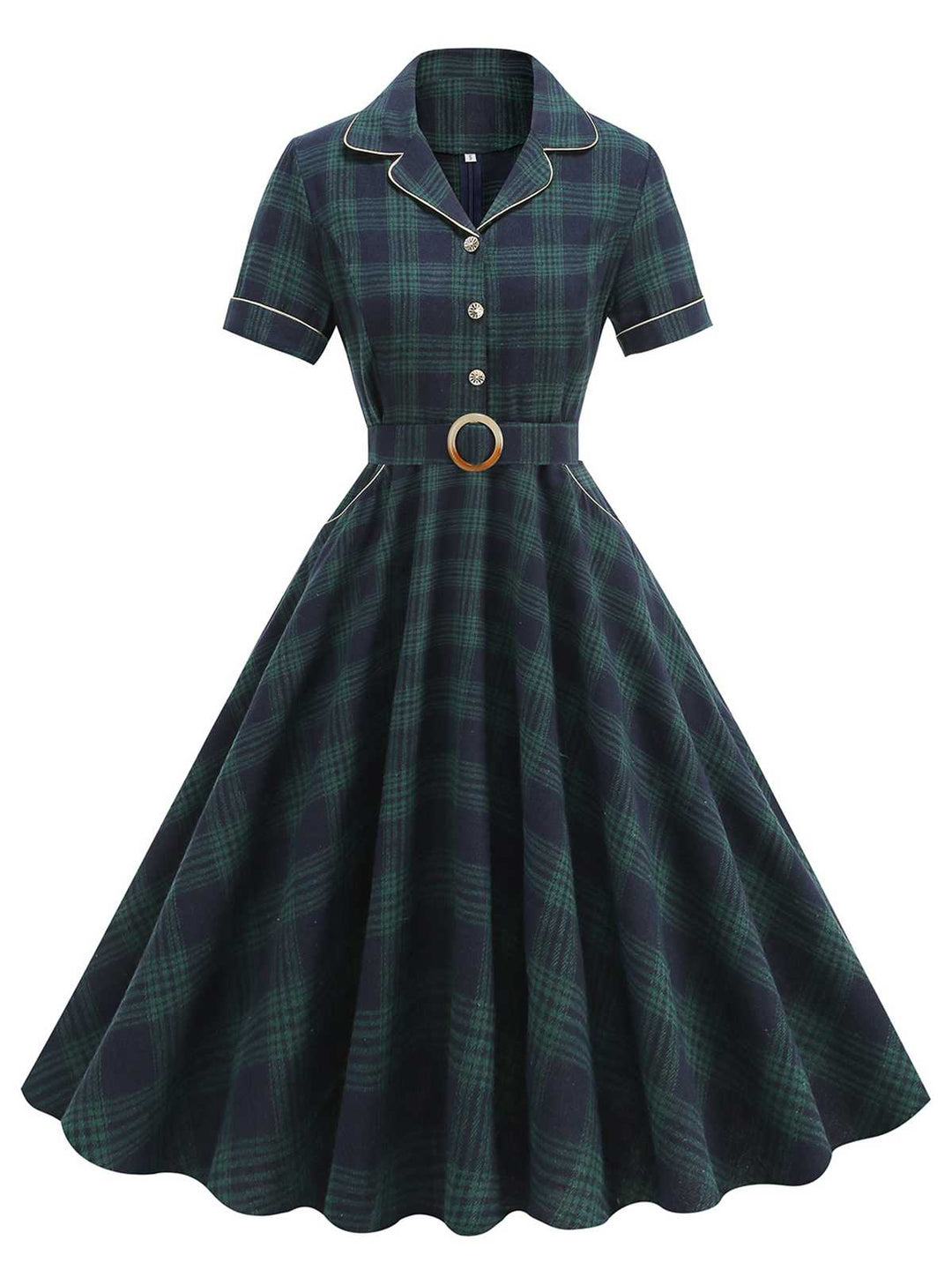 She slips into this Green 1950s Lapel Plaids Swing Dress and suddenly it&