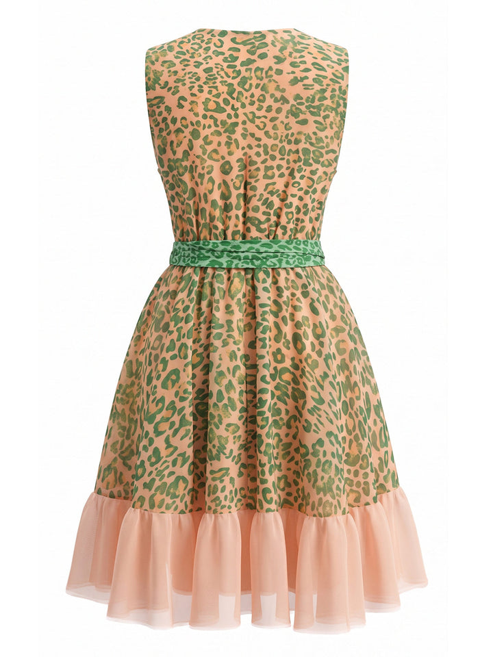Green 1950s Leopard Sleeveless V-Neck Tie-Waist Tulle Dress - vintage dress, retro fashion, rockabilly, pin-up fashion for vintage lovers