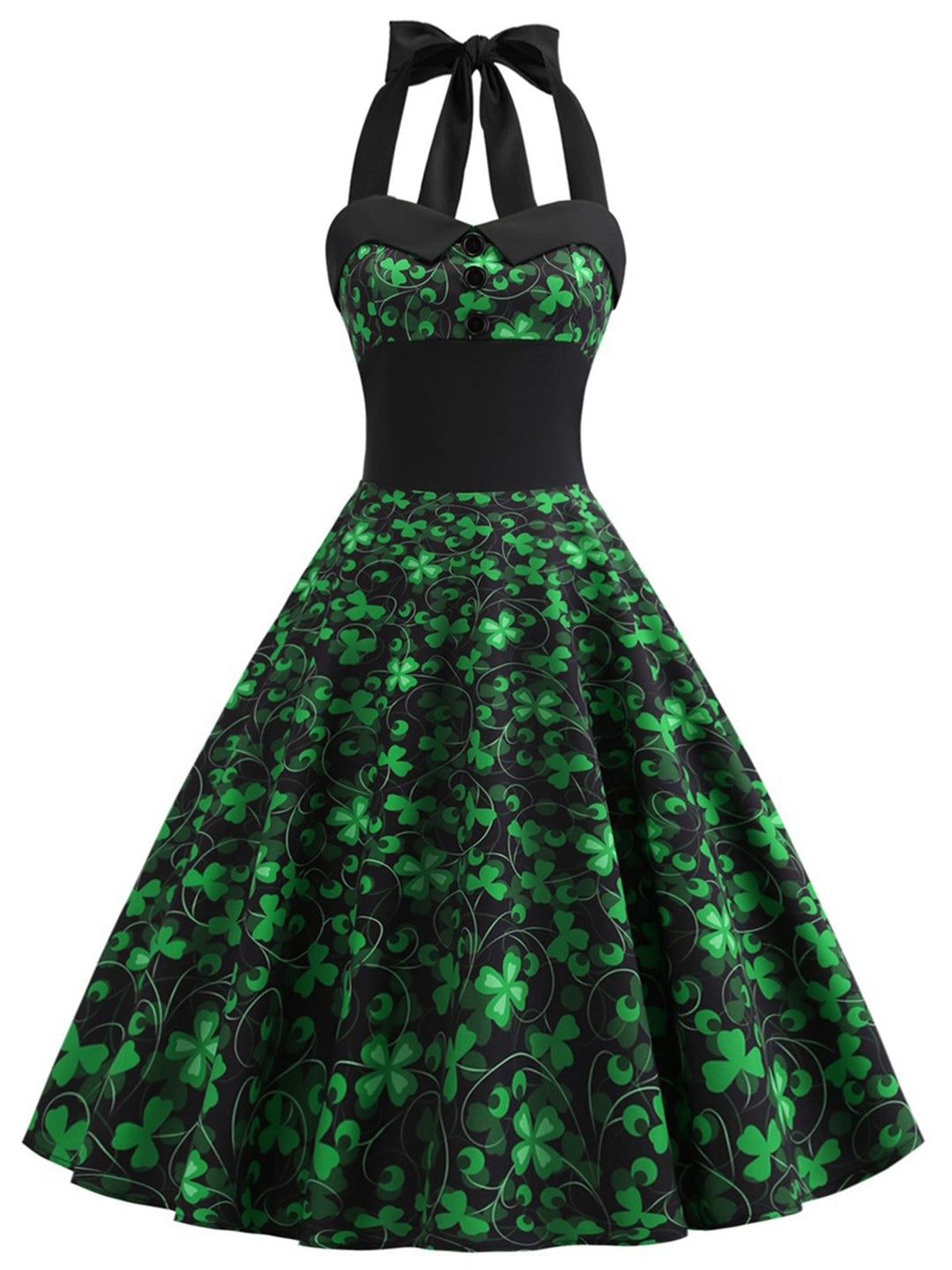 She slips into this Green 1950s Lucky Clover Halter Patchwork Dress and suddenly it&