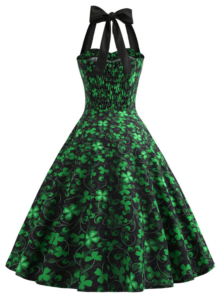 This Green 1950s Lucky Clover Halter Patchwork Dress wraps her in 1950s elegance, one twirl at a time