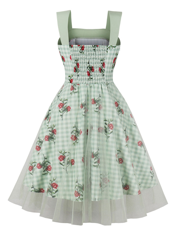 Green 1950s Plaid Floral Mesh Patchwork Dress, vintage dress, retro fashion, rockabilly, pin-up fashion - perfect for women who love vintage and retro fashion