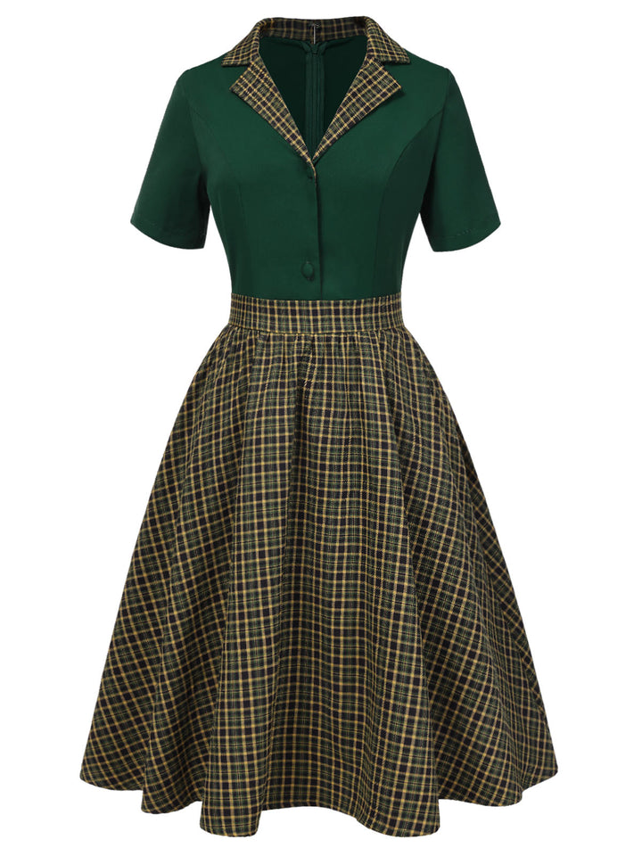 Green 1950s Plaid Patchwork Lapel Dress, vintage dress, retro fashion, rockabilly, pin-up fashion - perfect for women who love vintage and retro fashion