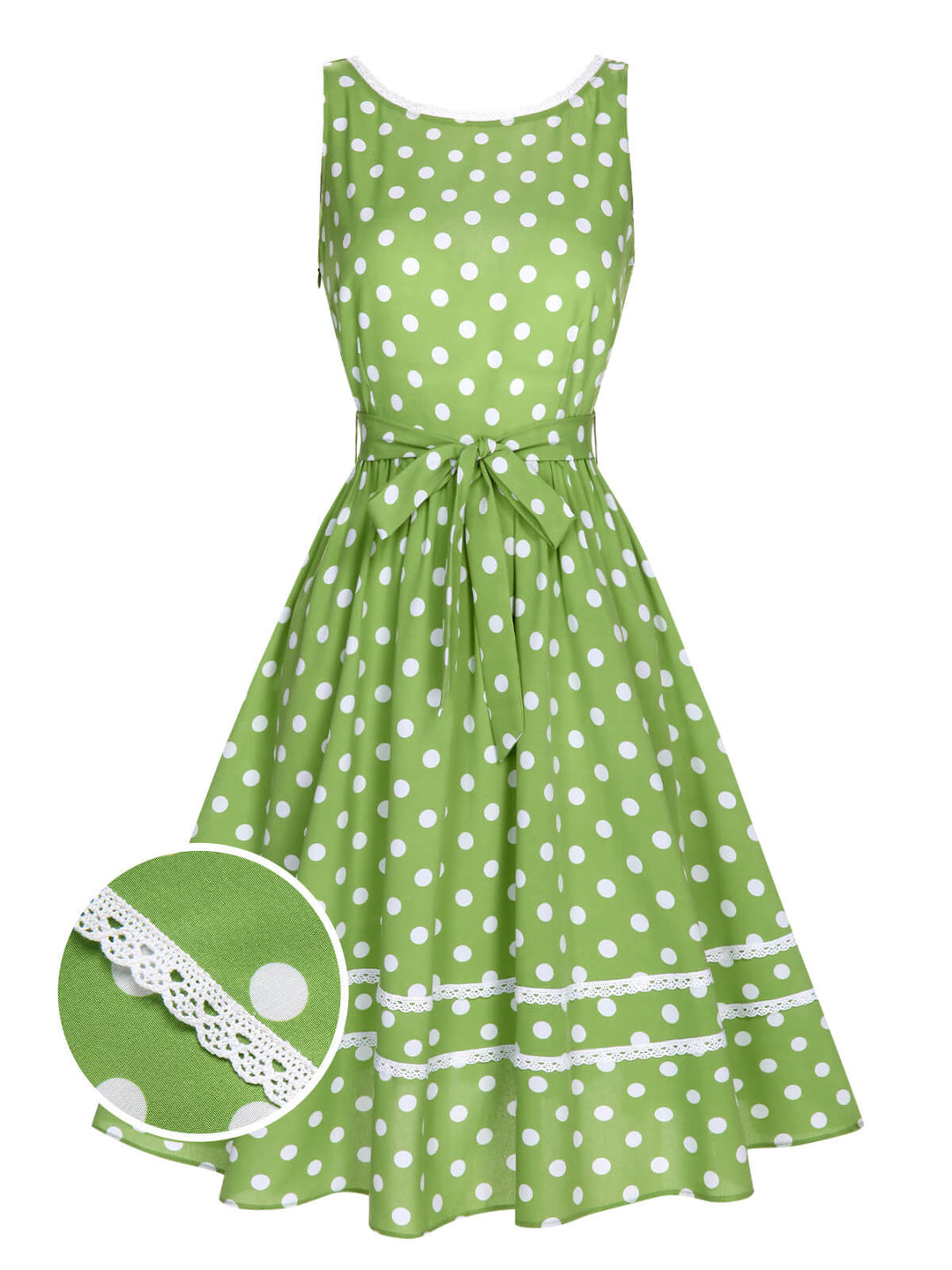 Green 1950s Polka Dot Lace Binding Dress, vintage dress, retro fashion, rockabilly, pin-up fashion - perfect for women who love vintage and retro fashion