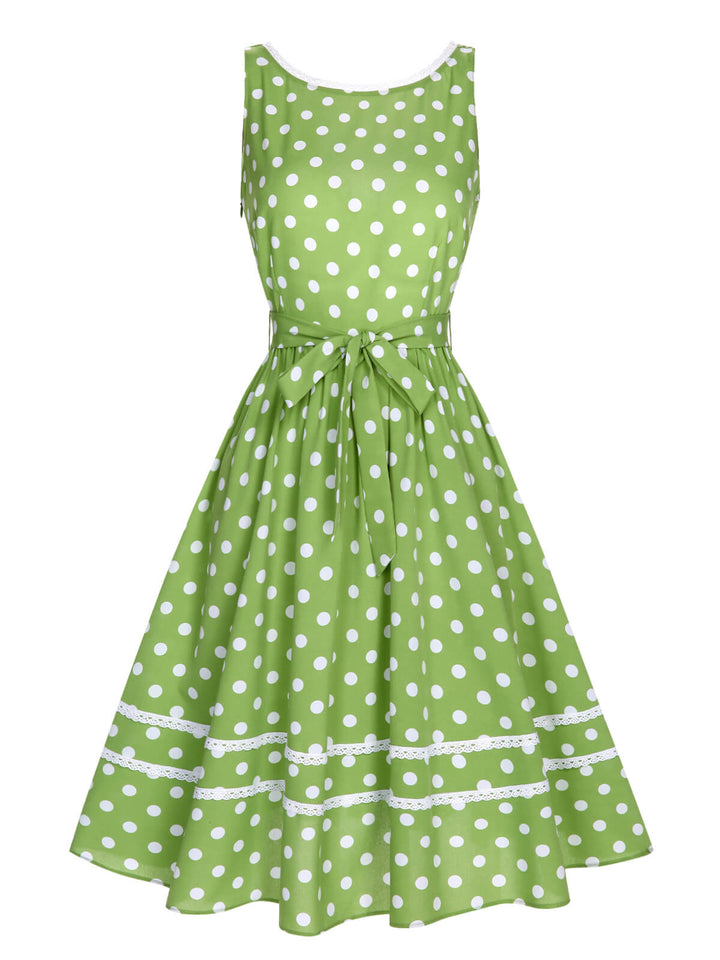 Green 1950s Polka Dot Lace Binding Dress, vintage dress, retro fashion, rockabilly, pin-up fashion - perfect for women who love vintage and retro fashion