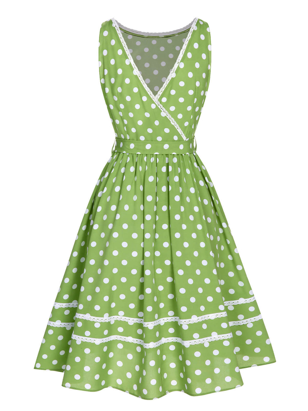 Green 1950s Polka Dot Lace Binding Dress, vintage dress, retro fashion, rockabilly, pin-up fashion - perfect for women who love vintage and retro fashion