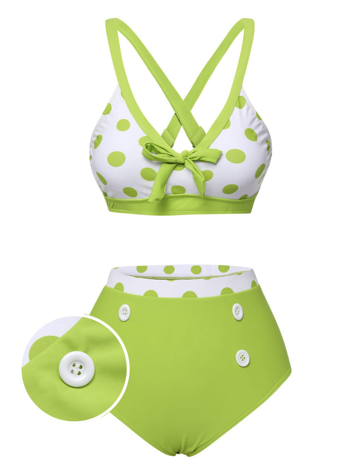 Green 1950s Polka Dot V-Neck Swimsuit, vintage swimsuit, pin-up swimwear - perfect for women who love vintage and retro fashion