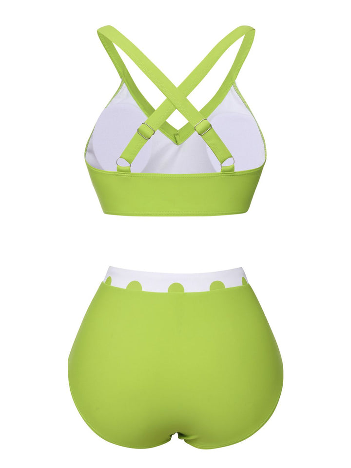 Green 1950s Polka Dot V-Neck Swimsuit, vintage swimsuit, pin-up swimwear - perfect for women who love vintage and retro fashion