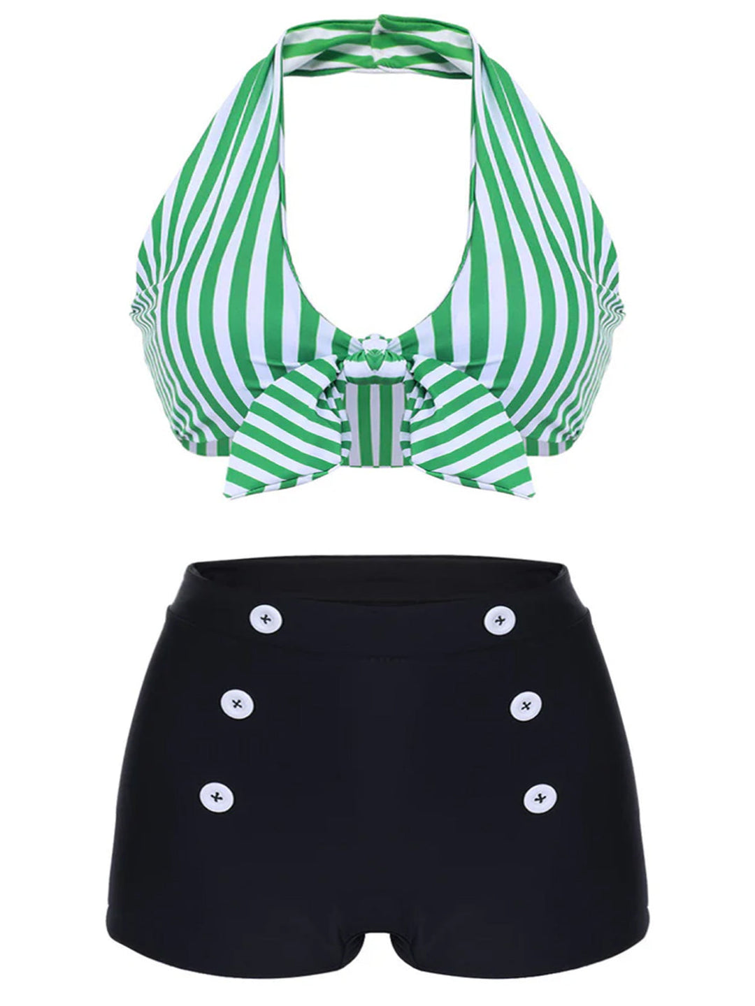 Green Retro Halter Stripes Bikini Set - vintage fashion, retro style