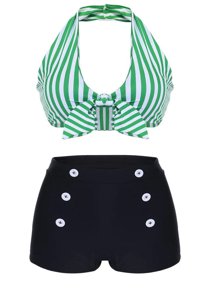 Green Retro Halter Stripes Bikini Set - vintage fashion, retro style
