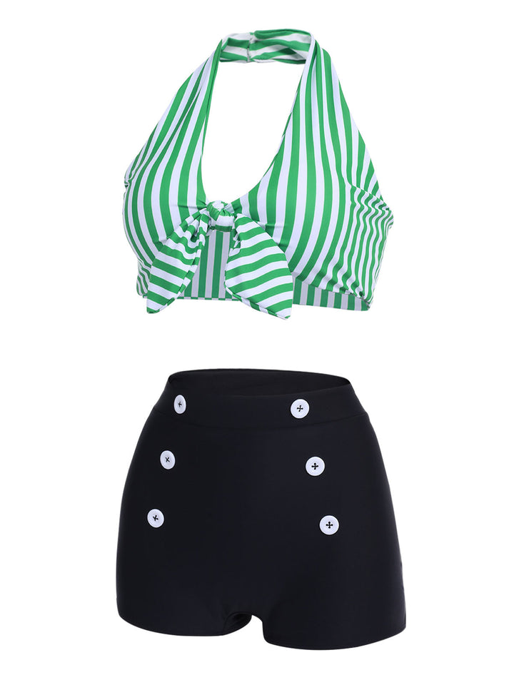 Green Retro Halter Stripes Bikini Set - vintage fashion, retro style