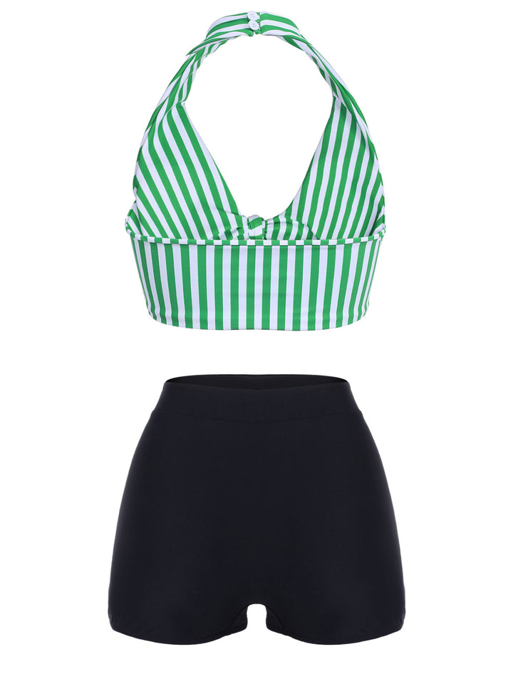 Green Retro Halter Stripes Bikini Set - vintage fashion, retro style