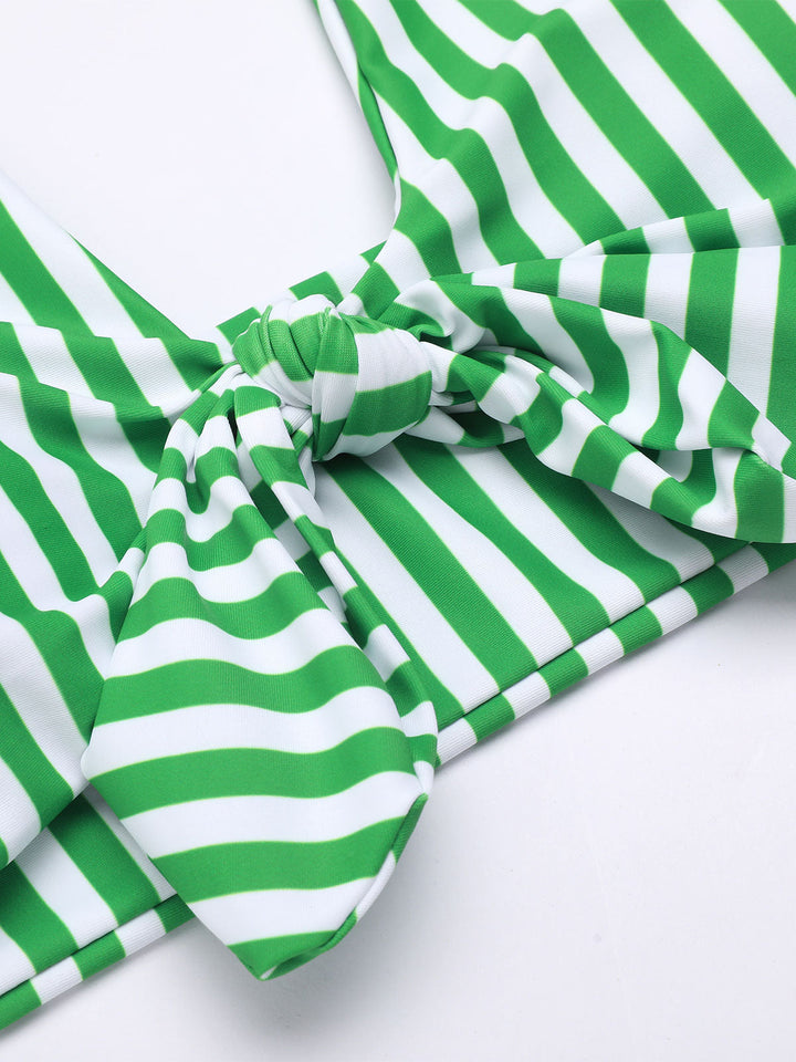 Green Retro Halter Stripes Bikini Set - vintage fashion, retro style
