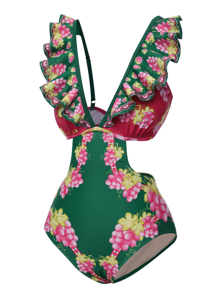Green 1950s Retro-Flowers V-Neck Swimsuit, vintage swimsuit, pin-up swimwear - perfect for women who love vintage and retro fashion