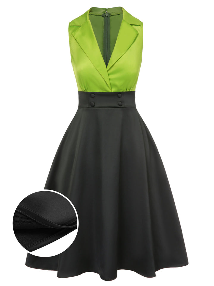 She slips into this Green 1950s Satin Lapel Patchwork Dress and suddenly it&
