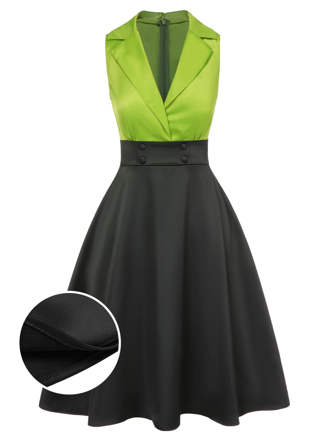 She slips into this Green 1950s Satin Lapel Patchwork Dress and suddenly it&