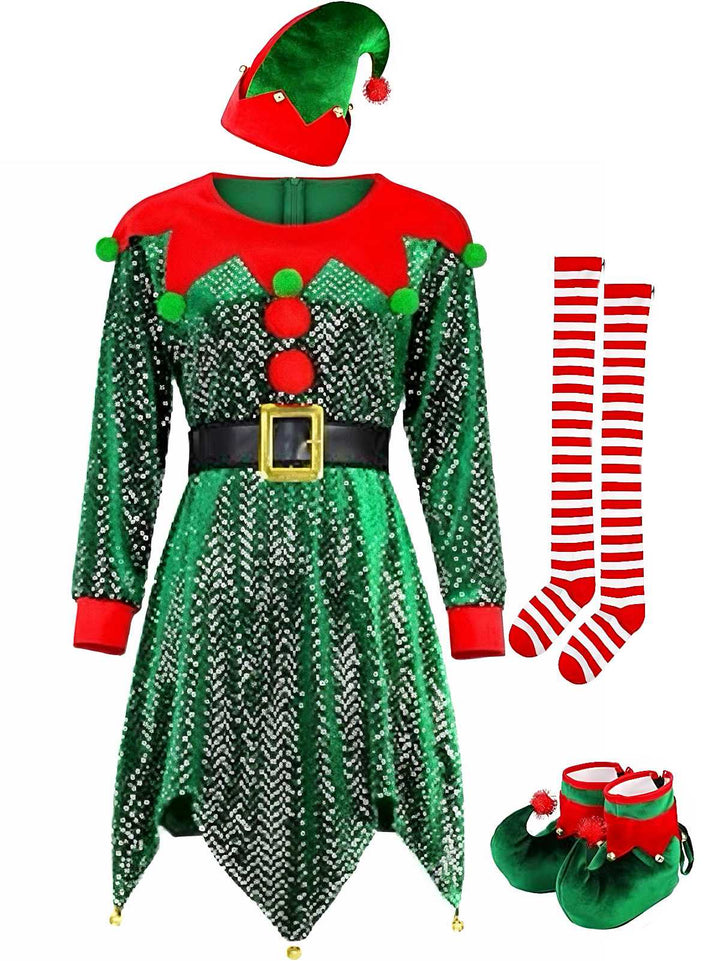 Green 1950s Sequin Christmas Elf Costume Set - vintage fashion, retro style