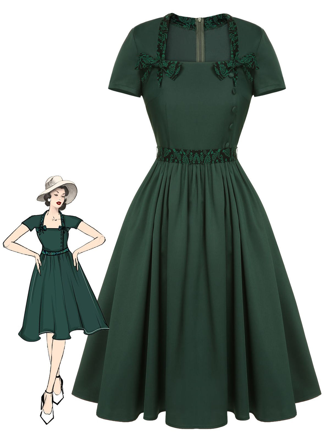 Green 1950s Solid Bow Square Collar Dress, vintage dress, retro fashion, rockabilly, pin-up fashion - perfect for women who love vintage and retro fashion