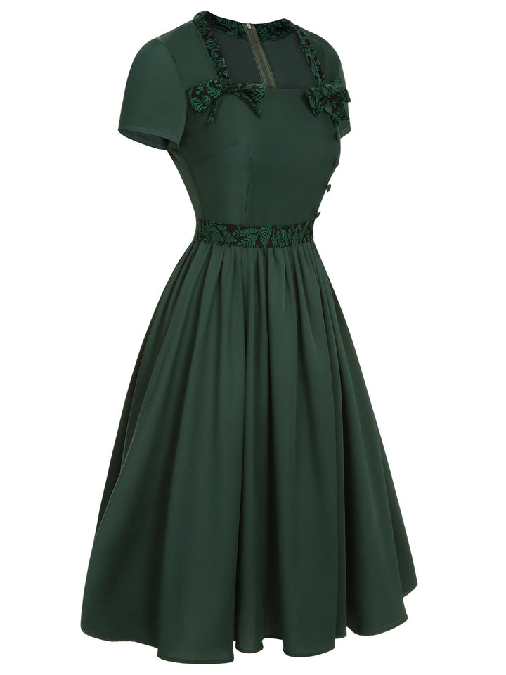 Green 1950s Solid Bow Square Collar Dress, vintage dress, retro fashion, rockabilly, pin-up fashion - perfect for women who love vintage and retro fashion