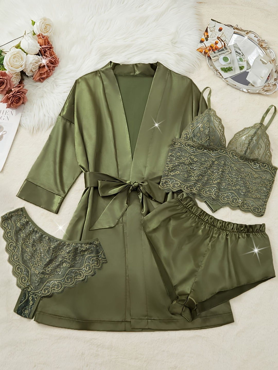 Green Solid Lace &amp; Satin Pajama Set - vintage fashion, retro style