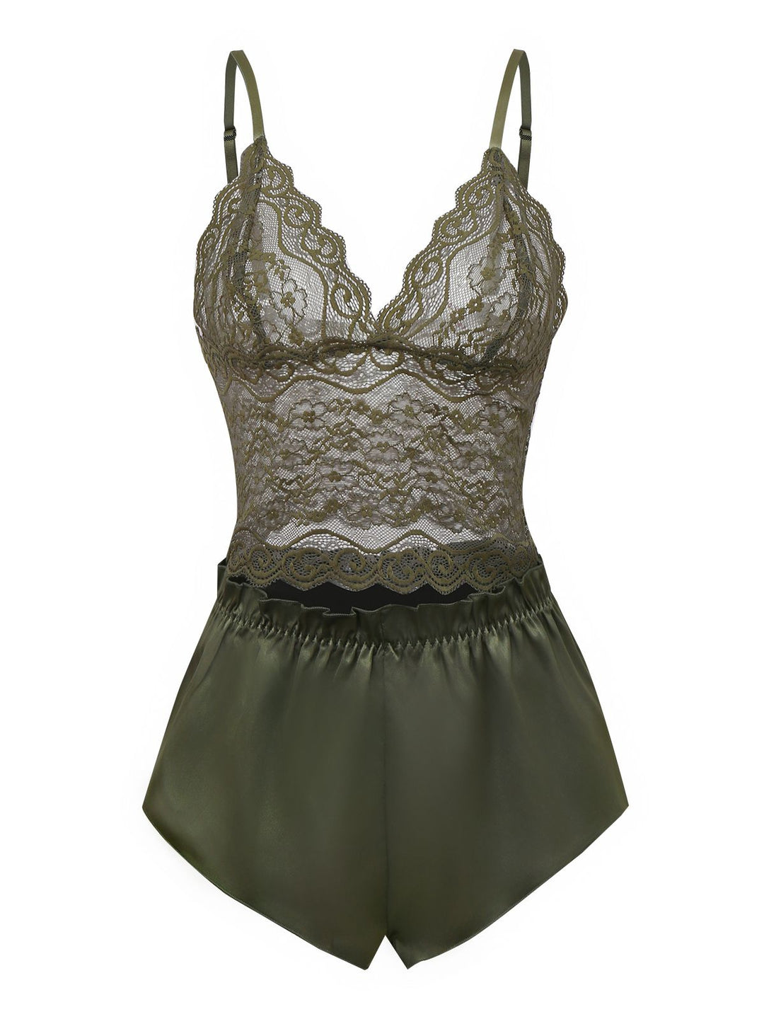 Green Solid Lace &amp; Satin Pajama Set - vintage fashion, retro style