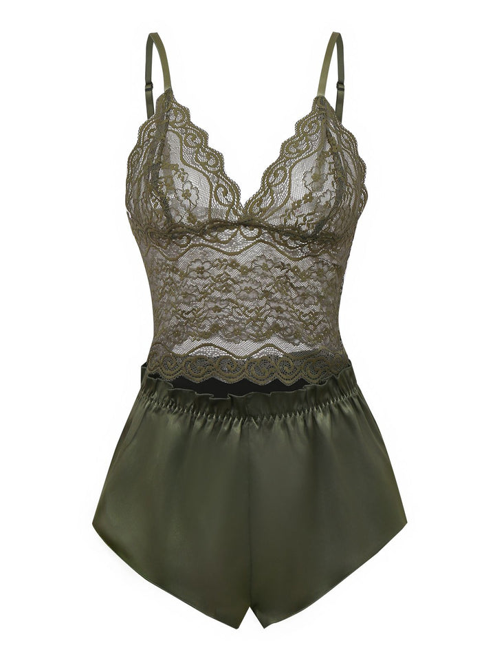 Green Solid Lace &amp; Satin Pajama Set - vintage fashion, retro style