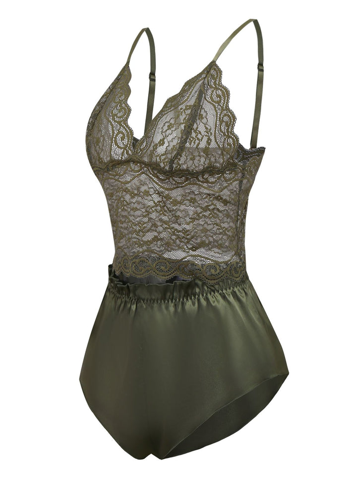 Green Solid Lace &amp; Satin Pajama Set - vintage fashion, retro style