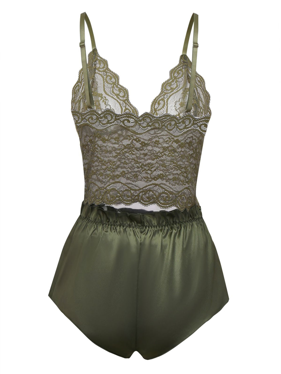 Green Solid Lace &amp; Satin Pajama Set - vintage fashion, retro style