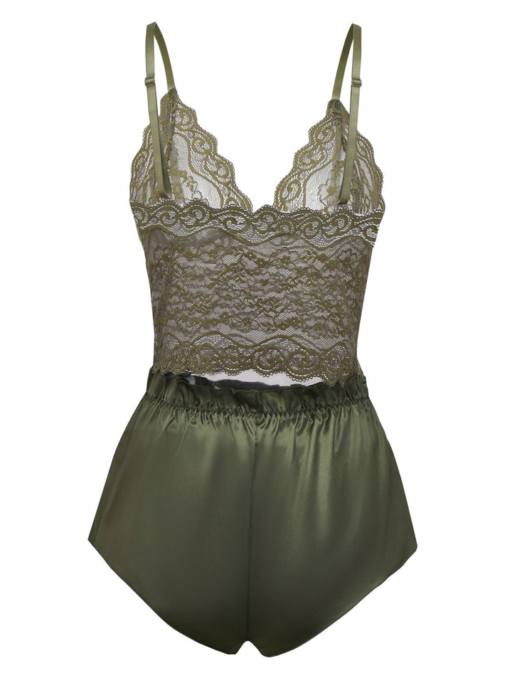Green Solid Lace &amp; Satin Pajama Set - vintage fashion, retro style