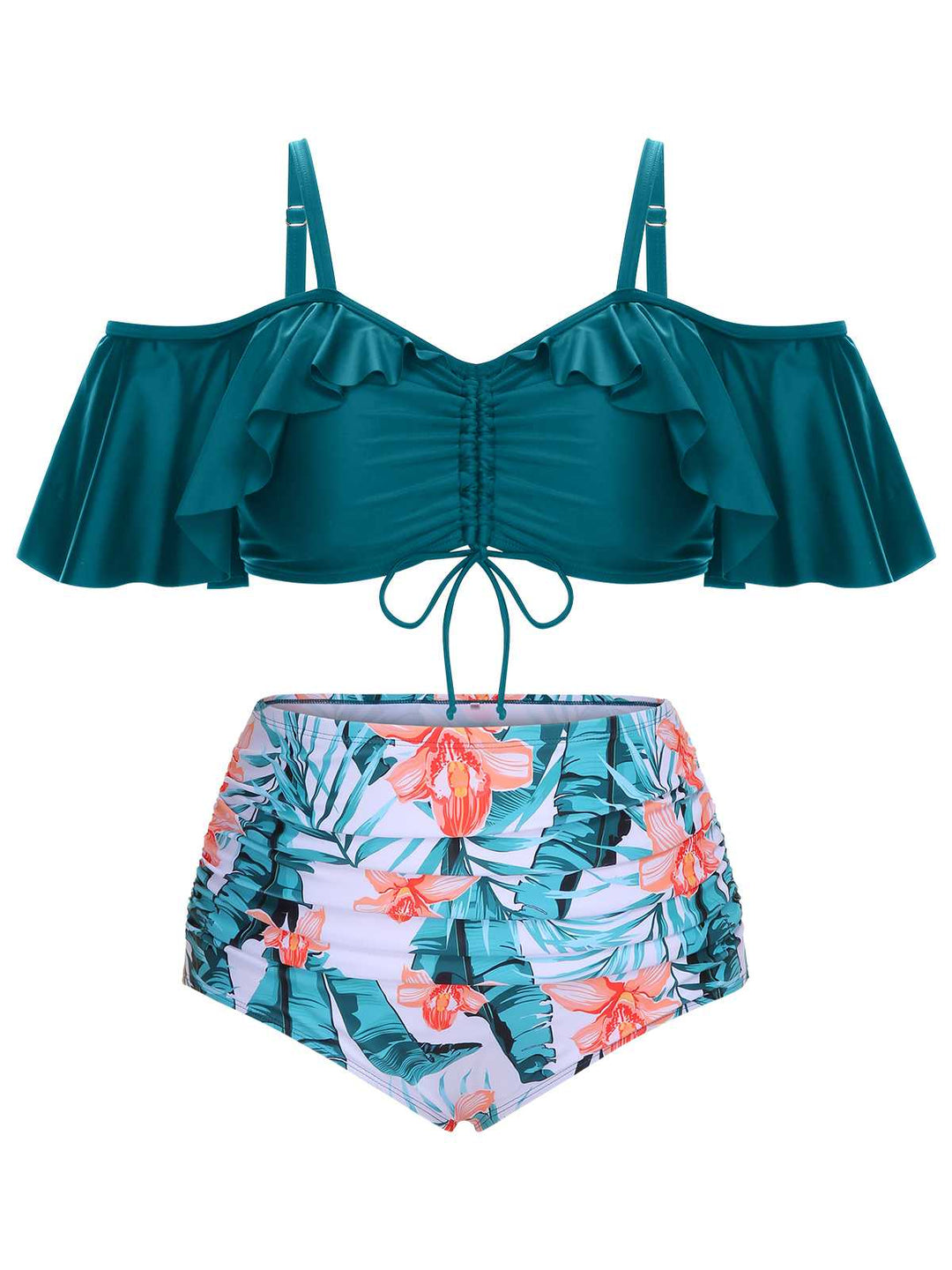 Green 1950s Strap Floral Ruffles Swimsuit: 1950s Riviera elegance, reimagined for her