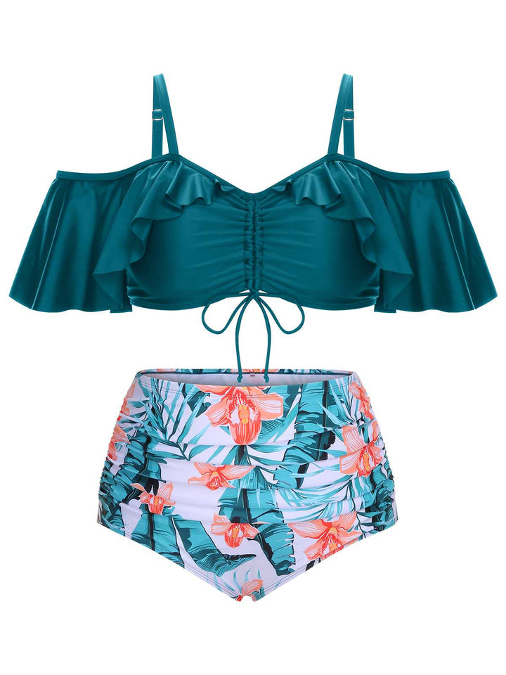 Green 1950s Strap Floral Ruffles Swimsuit: 1950s Riviera elegance, reimagined for her