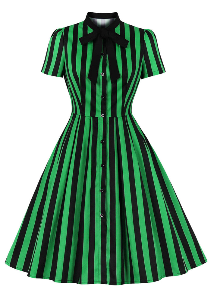 Green 1950s Tie Neck Button Black Stripes Dress, vintage dress, retro fashion, rockabilly, pin-up fashion - perfect for women who love vintage and retro fashion