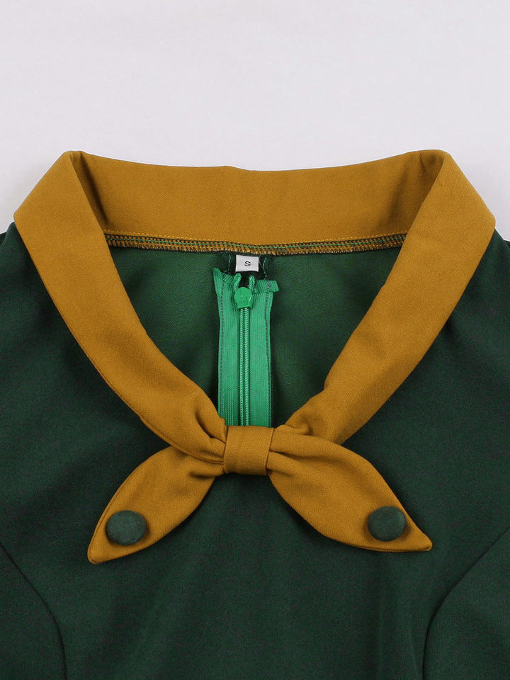 This Green 1950s Tie Neck Contrast Patchwork Dress wraps her in 1950s elegance, one twirl at a time