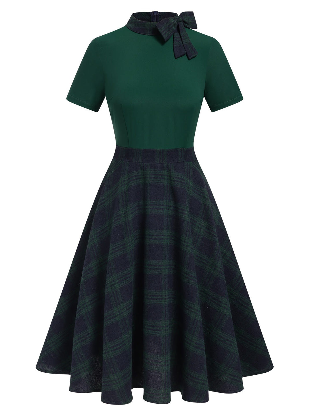 Green 1950s Tie Neck Plaids Patchwork Dress, vintage dress, retro fashion, rockabilly, pin-up fashion - perfect for women who love vintage and retro fashion