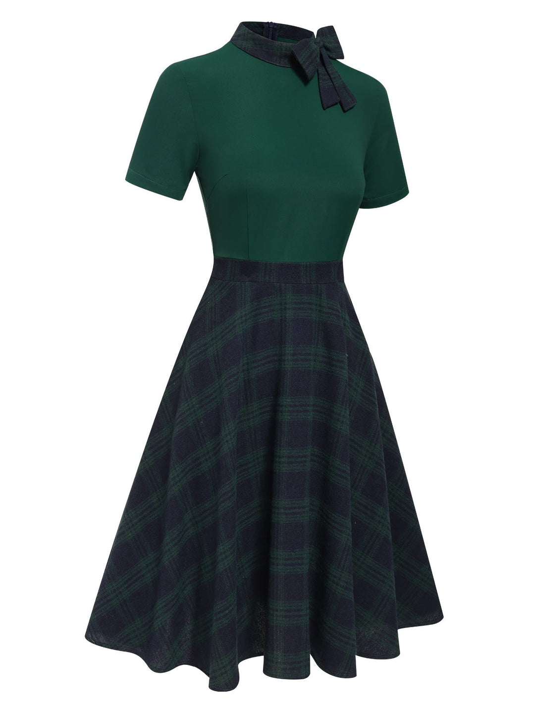 Green 1950s Tie Neck Plaids Patchwork Dress, vintage dress, retro fashion, rockabilly, pin-up fashion - perfect for women who love vintage and retro fashion