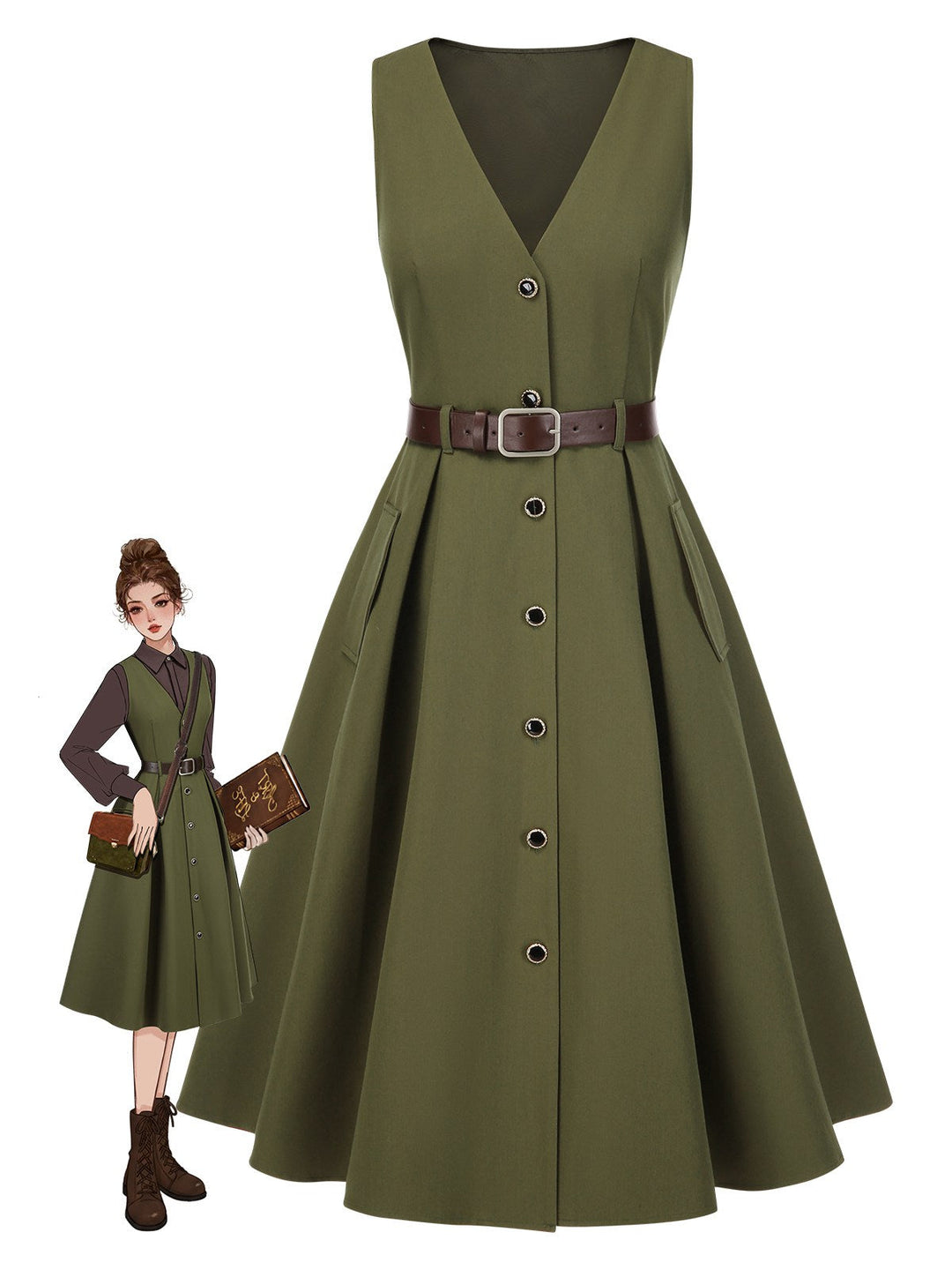 Green 1950s V-Neck Pockets Belted Vest Dress, vintage dress, retro fashion, rockabilly, pin-up fashion - perfect for women who love vintage and retro fashion