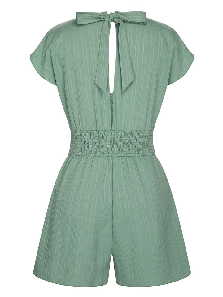 Green 1950s V-Neck Smocked Cap Sleeves Romper, vintage romper, retro jumpsuit - perfect for women who love vintage and retro fashion