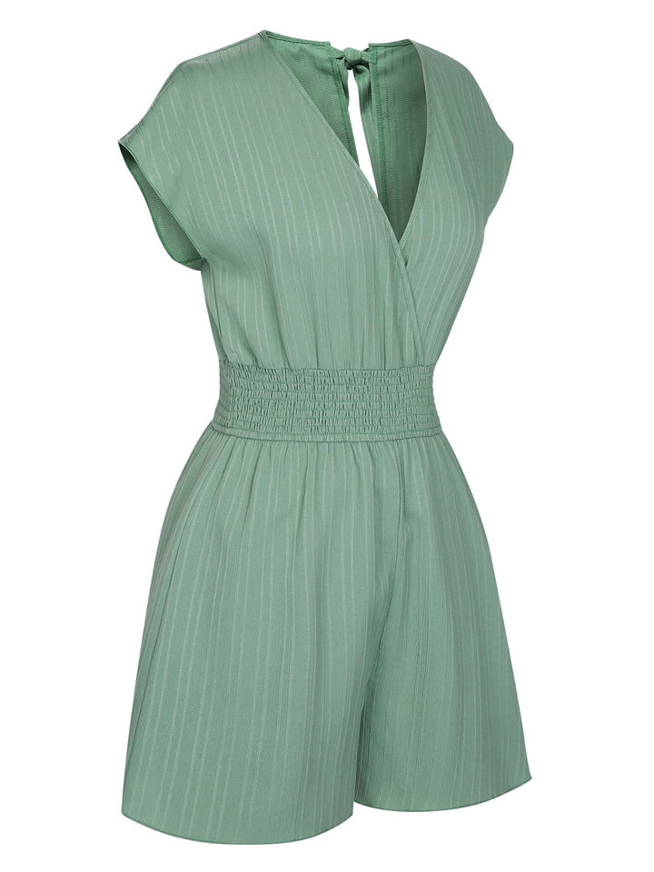 Green 1950s V-Neck Smocked Cap Sleeves Romper, vintage romper, retro jumpsuit - perfect for women who love vintage and retro fashion