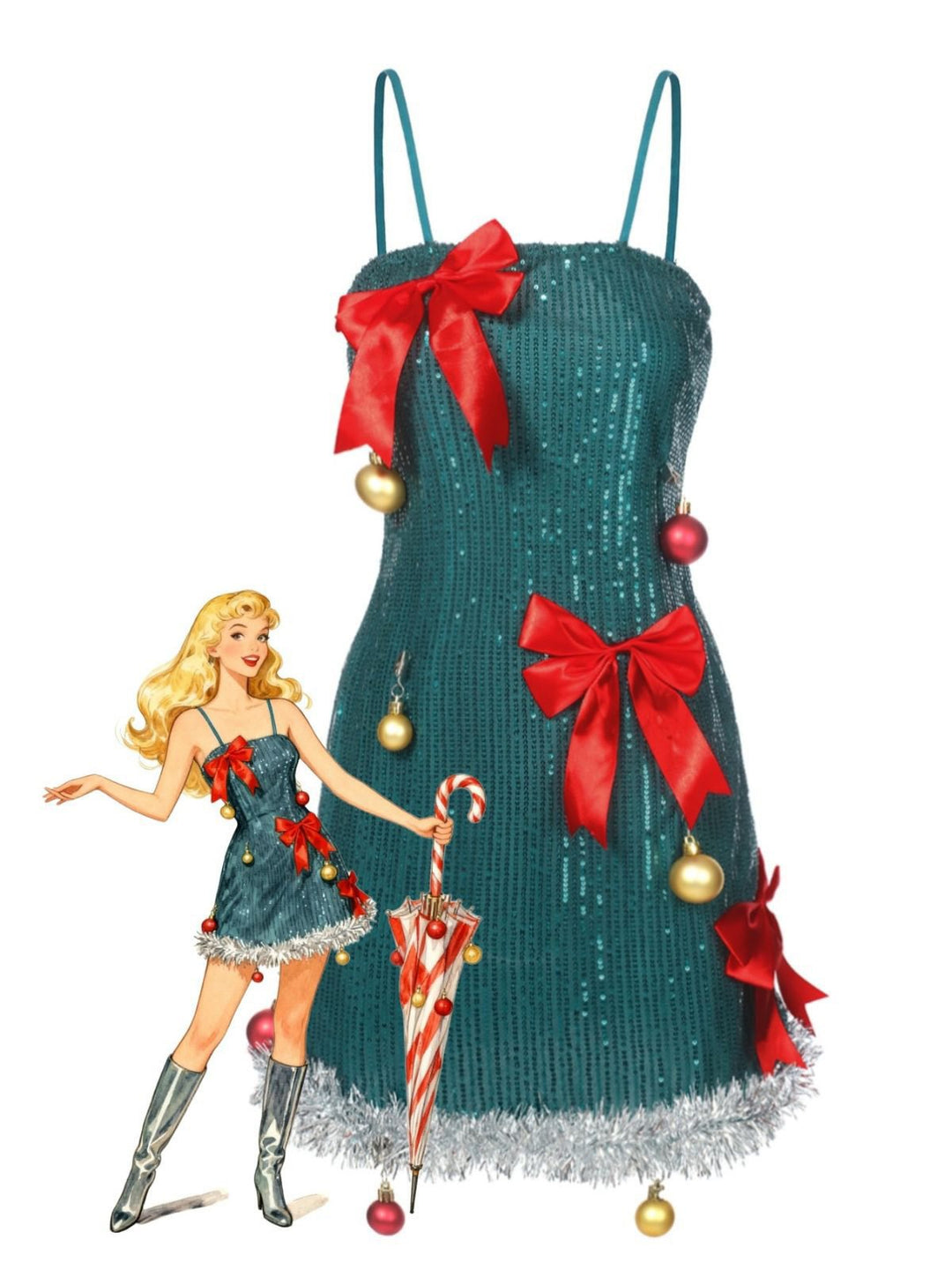 Green 1960s Bow &amp; Christmas Bell Sequin Dress - vintage dress, retro fashion