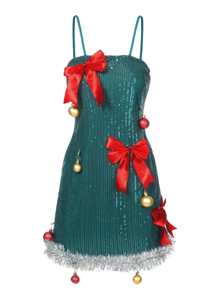 Green 1960s Bow &amp; Christmas Bell Sequin Dress - vintage dress, retro fashion