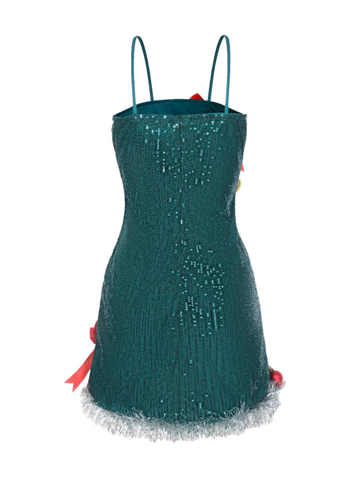 Green 1960s Bow &amp; Christmas Bell Sequin Dress - vintage dress, retro fashion