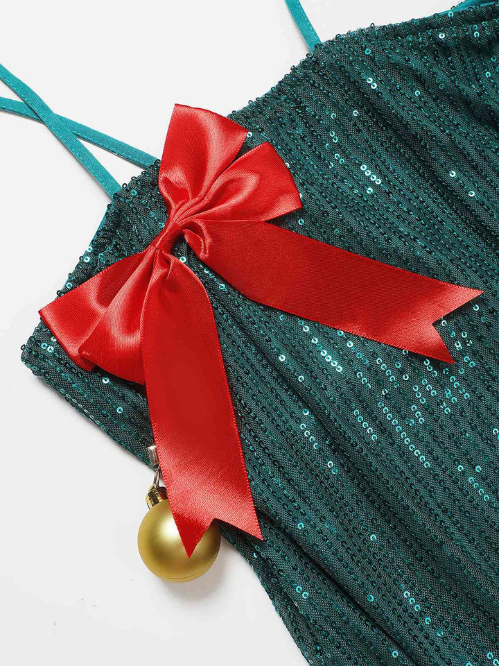 Green 1960s Bow &amp; Christmas Bell Sequin Dress - vintage dress, retro fashion