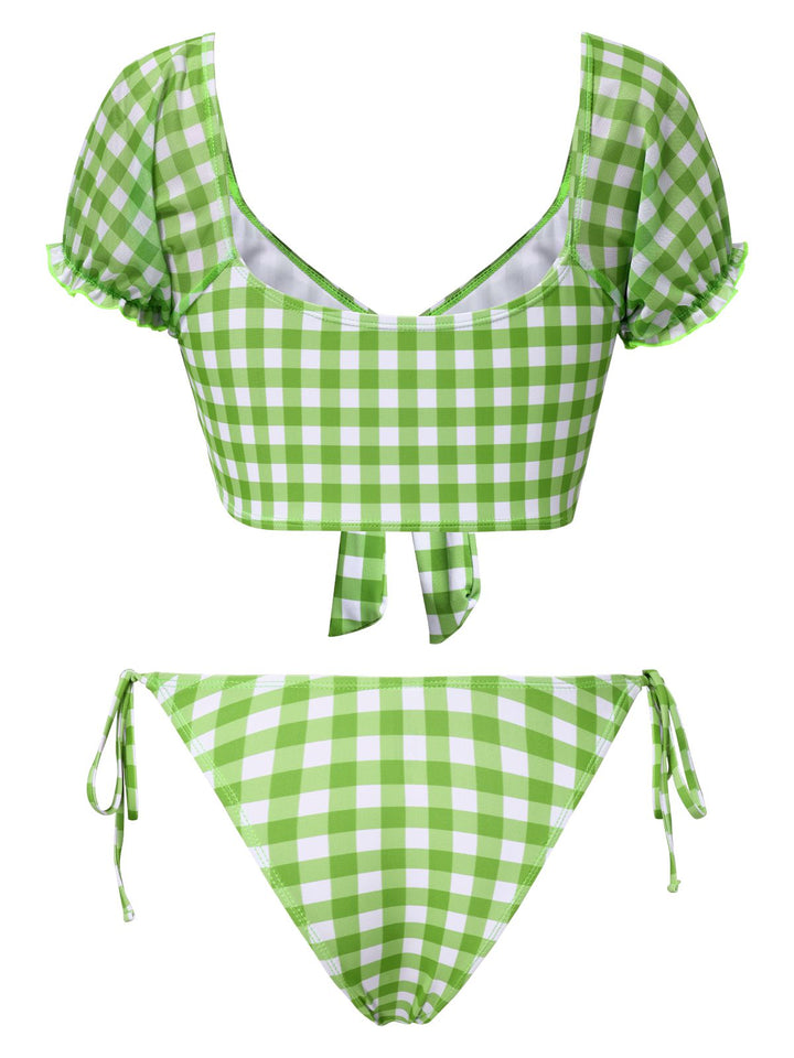 Green 1960s Gingham Puff Sleeve Bikini Set - vintage fashion, retro style