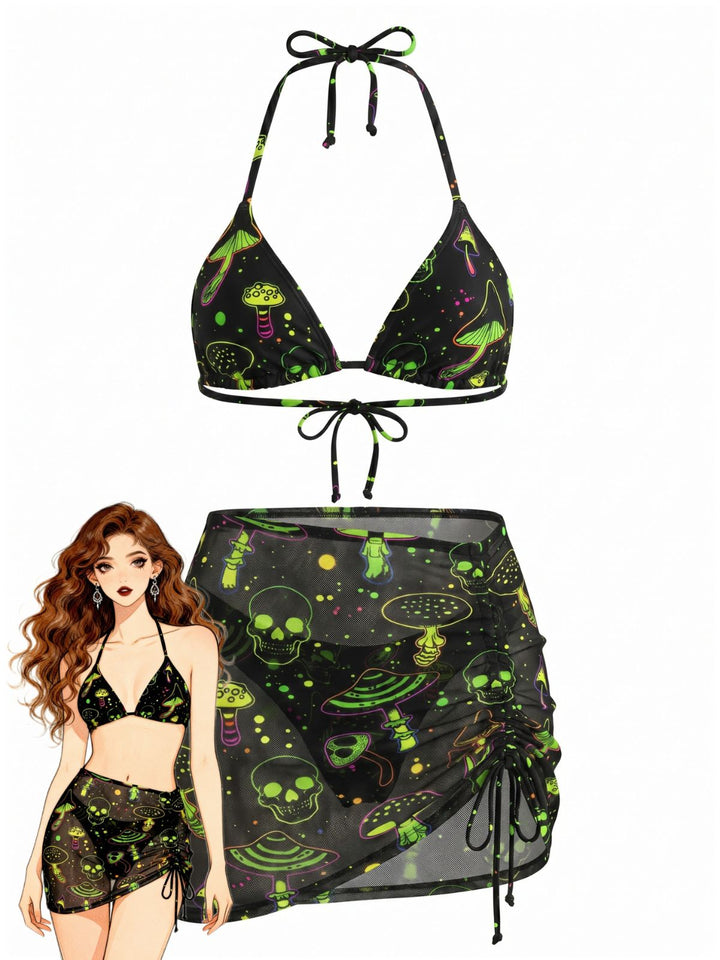 Green Print Mesh Vintage Slim Bikini Set