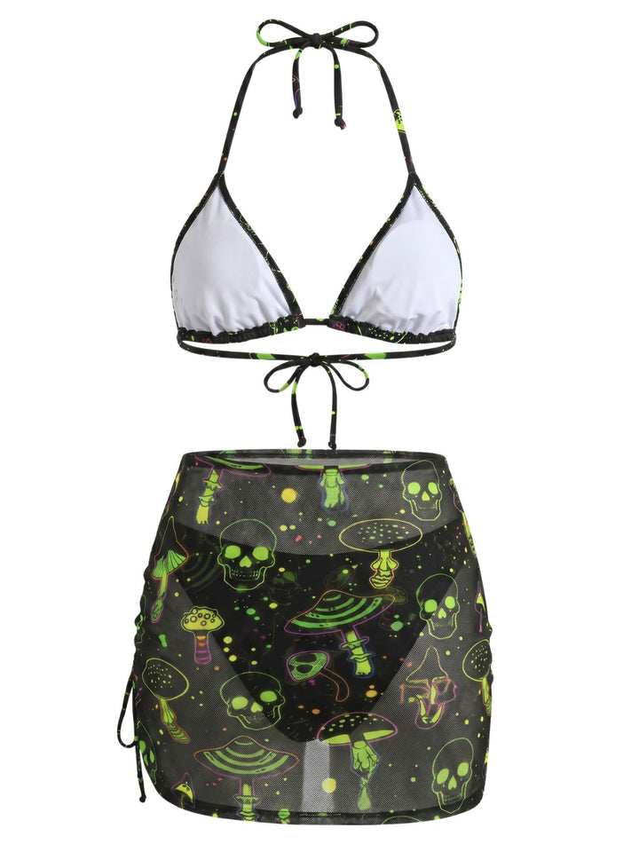 Green Print Mesh Vintage Slim Bikini Set 8
