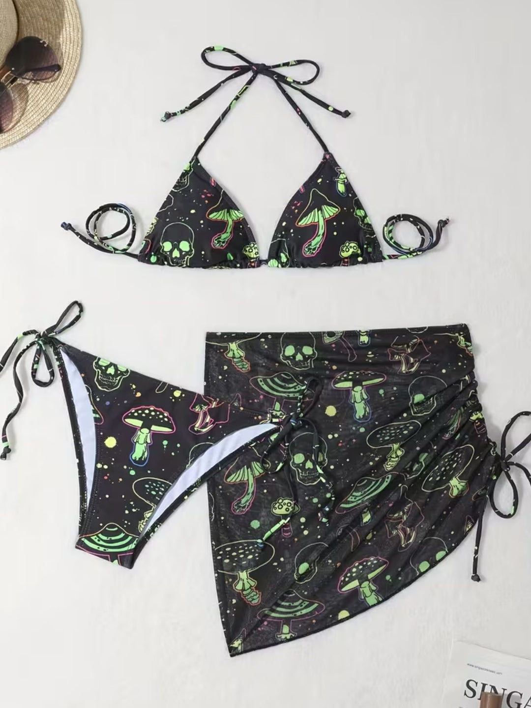 Green Print Mesh Vintage Slim Bikini Set 2